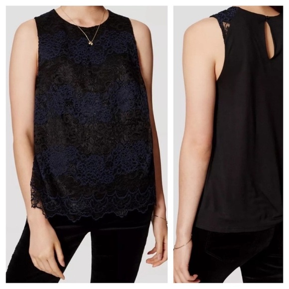 LOFT Black and Navy Lace Blouse - Picture 1 of 5